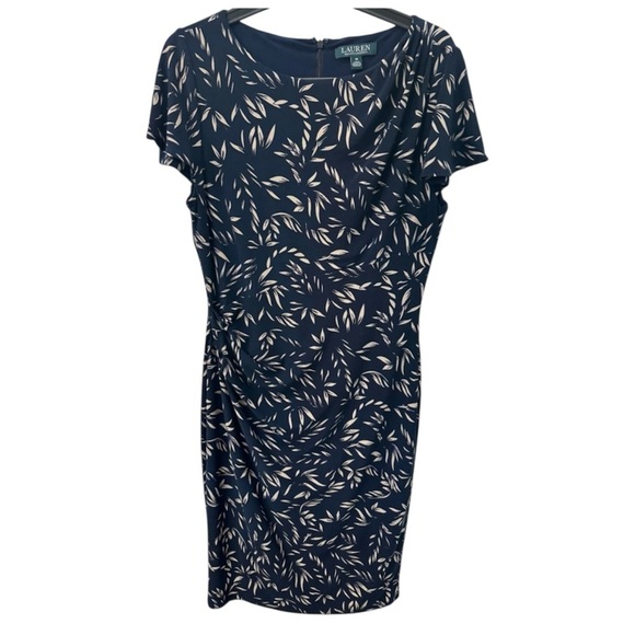 Lauren Ralph Lauren Navy and Cream Leaf Midi Sheath Dress - Picture 1 of 5